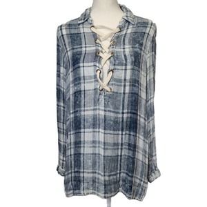 Vintage Havana Blue Plaid Lace Up Pullover L